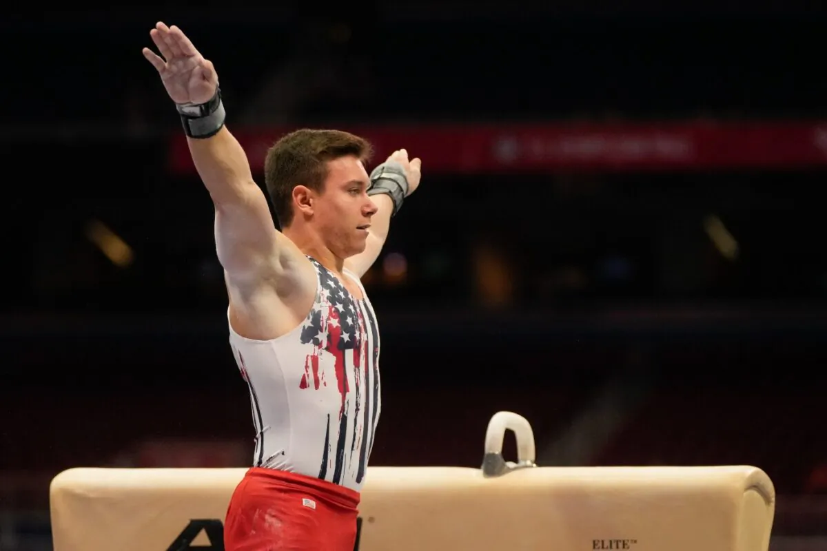 Brody Malone lands after competing on the pommel horse during the men's U.S. Olympic Gymnastics Trials, in St. Louis, on June 26, 2021. (Jeff Roberson/AP Photo)