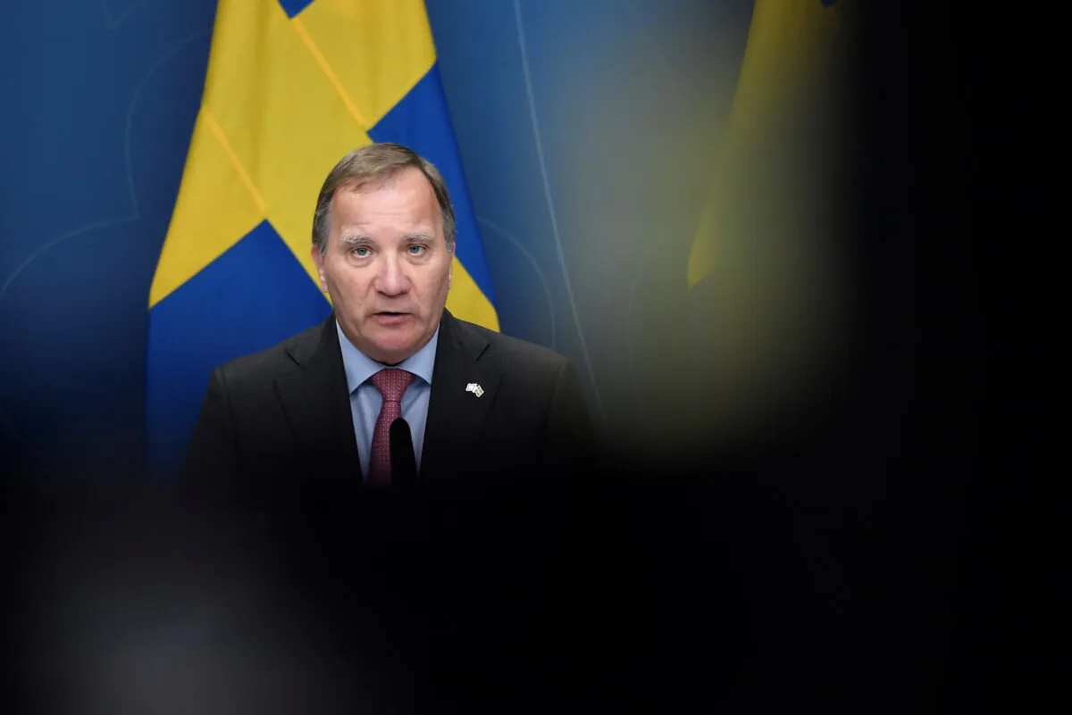Sweden's Prime Minister Stefan Lofven holds a news conference at Rosenbad in Stockholm, Sweden, on June 28, 2021. (TT News Agency/Stina Stjernkvist via Reuters)