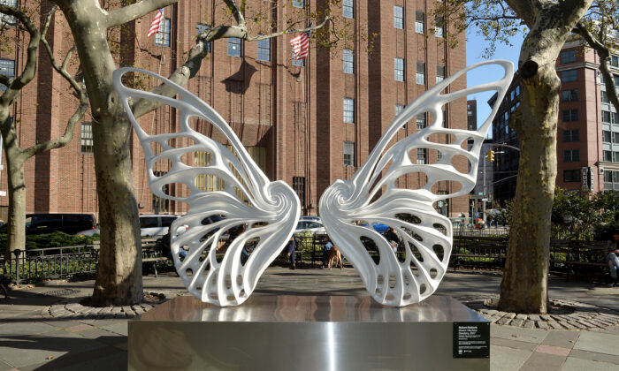 A view of the sculpture by Rubem Robierb dedicated to the transgender GNC community In NYC's Tribeca Park, in Partnership with Mastercard, in New York City on Nov. 4, 2019. (Noam Galai/Getty Images for Mastercard)
