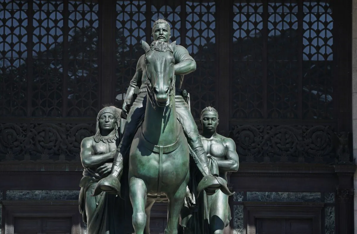 The Theodore Roosevelt Equestrian Statue is seen in front of The American Museum of Natural History on the Central Park West entrance in New York City on June 22,2020. (Timothy A. Clary/AFP via Getty Images)