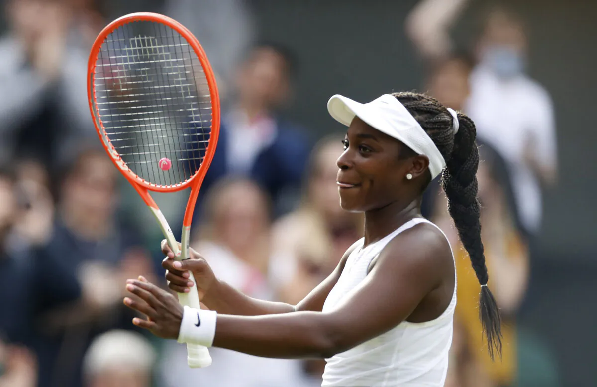 Sloane Stephens of the U.S. celebrates winning her first round match against Czech Republic's Petra Kvitova at All England Lawn Tennis and Croquet Club, London, on June 28, 2021. (Paul Childs/Reuters)