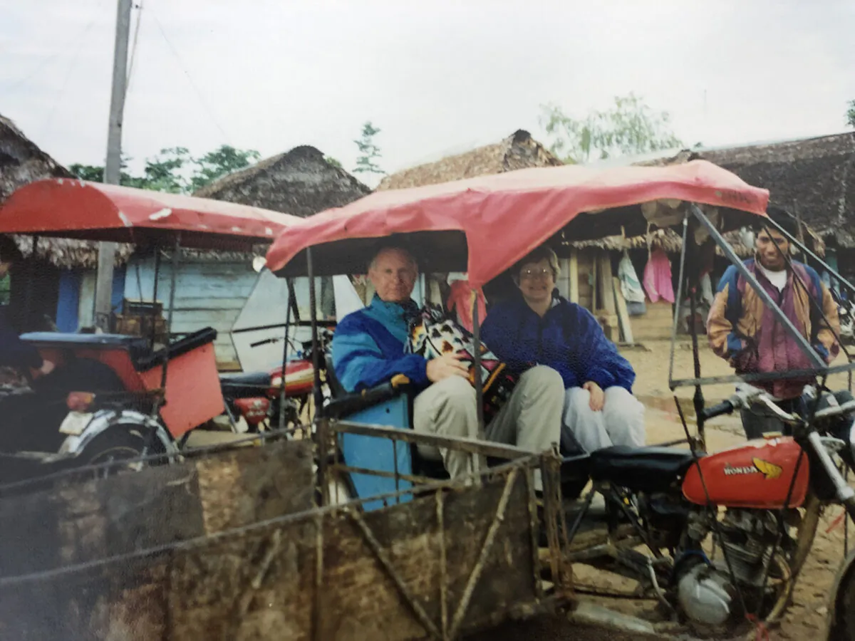 The authors arrive in Puerto Maldonado, Peru, to begin their "resort" adventure at the Tambopata Research Center. (Courtesy of Bill Neely)