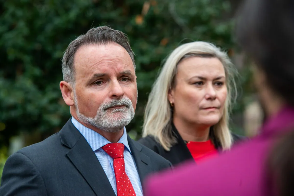 Newly elected Tasmanian Labor Leader David O'Byrne facing the media with Deputy Leader Anita Dow in Hobart, Australia on June 16, 2021. (AAP Image/Chris Crerar)