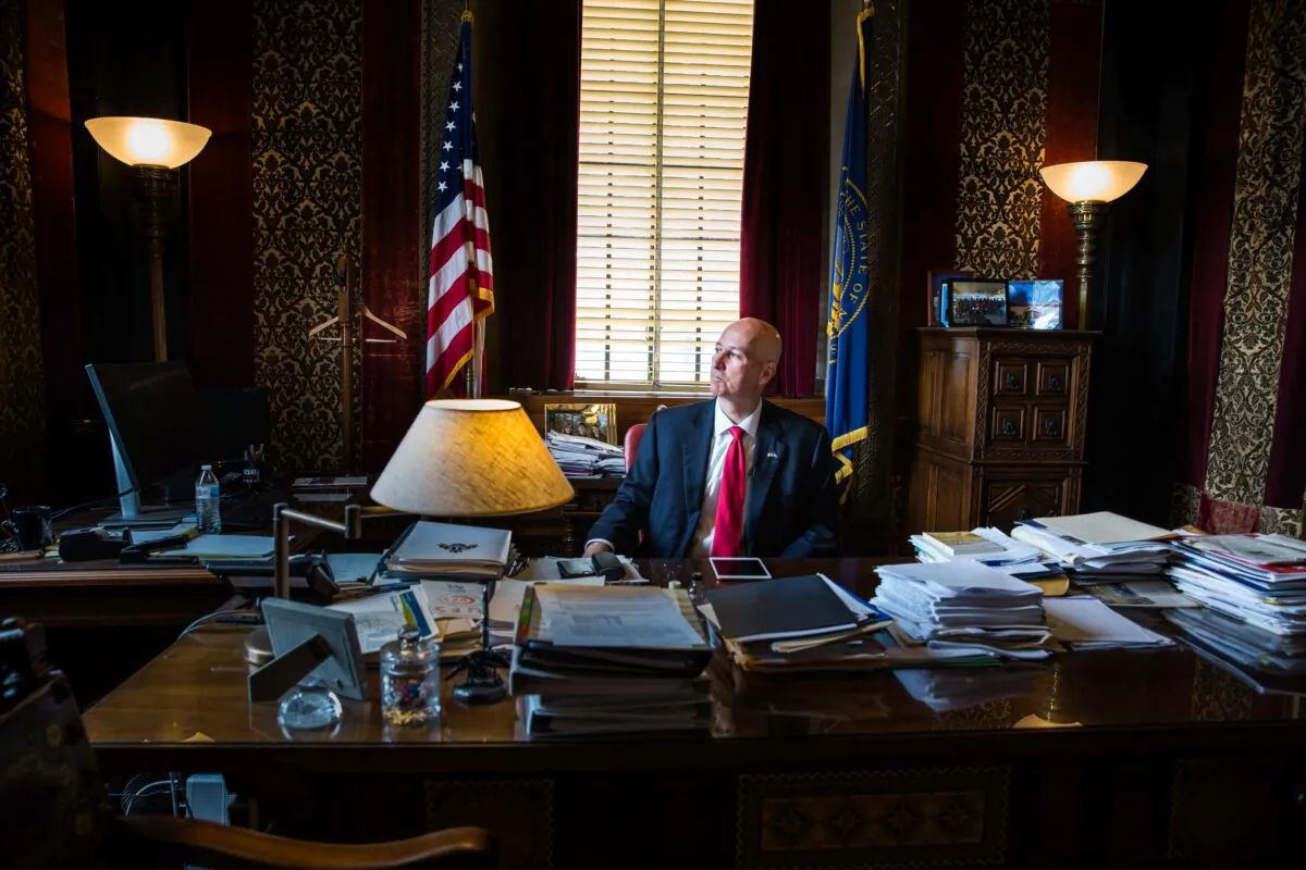 Nebraska Gov. Pete Ricketts in his office in the state's capitol in Lincoln, Neb., on June 24, 2021. (Petr Svab/The Epoch Times)