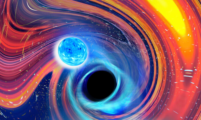 This illustration depicts a black hole swallowing a neutron star. (Carl Knox/OzGrav/Swinburne University Australia via AP)