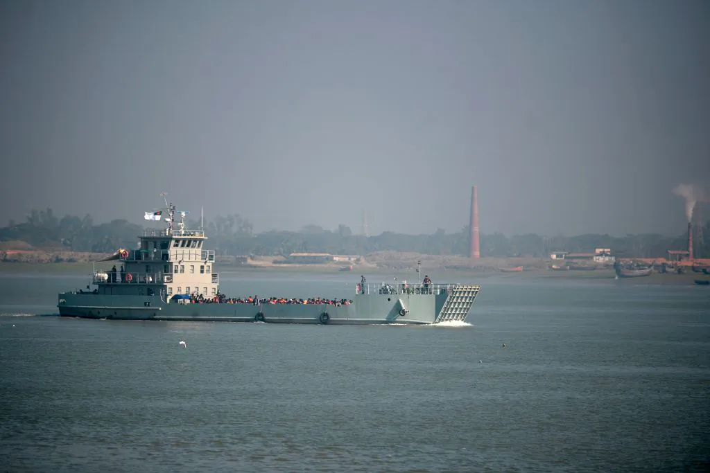 Rohingya refugees are seen on a Bangladesh navy ship as they are relocated to Bhashan Char Island in the Bay of Bengal, in Chittagong, on Jan. 29, 2021. (Munir Uz Zaman/AFP via Getty Images)