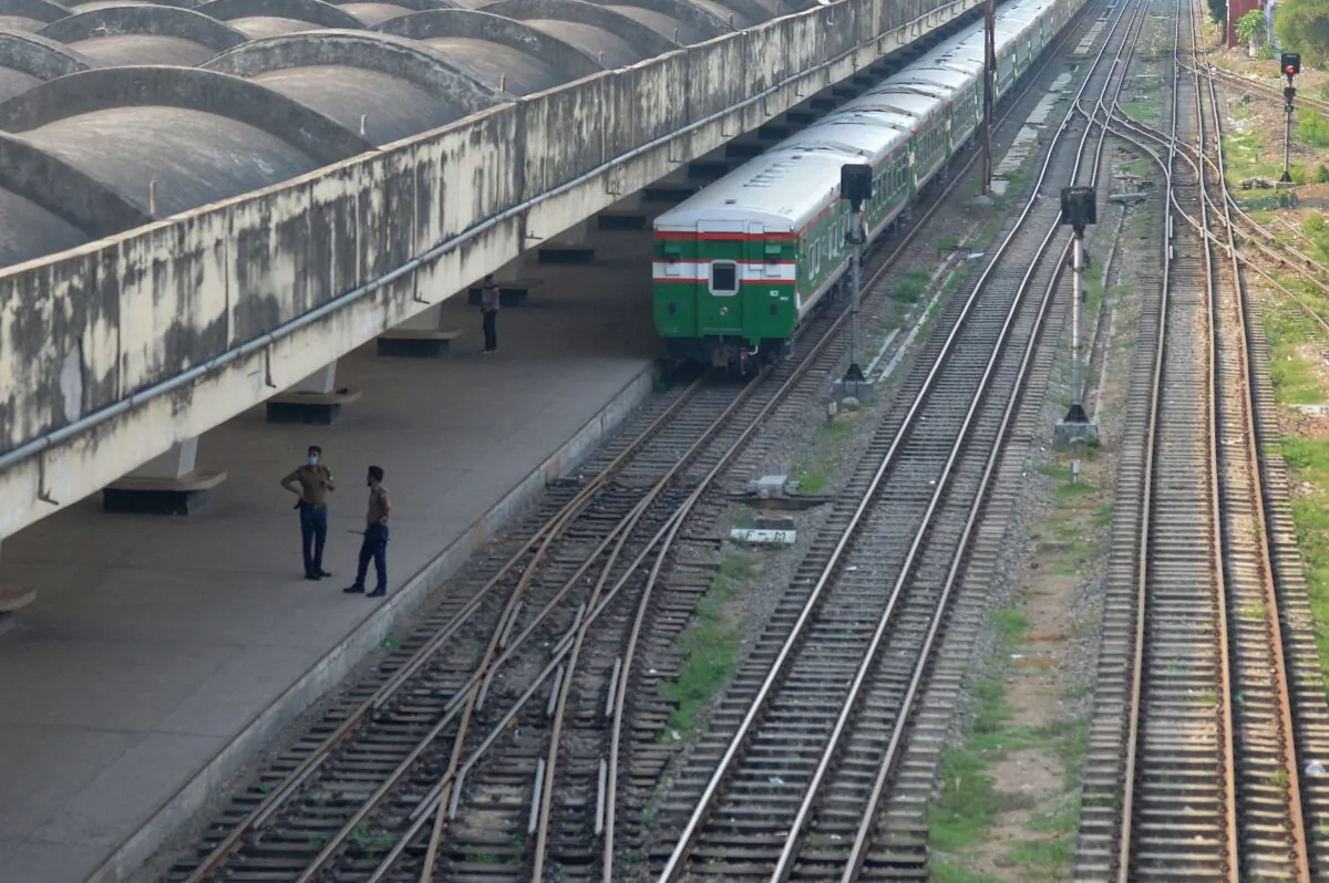 Security personnel seen at a deserted railway station in Dhaka on April 19, 2021. (Munir Uz Zaman/AFP via Getty Images)