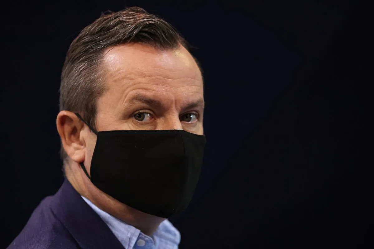 Western Australia Premier Mark McGowan during a press release at the COVID-19 Vaccination Clinic in Claremont, Perth, Australia on May 3, 2021. (Photo by Paul Kane/Getty Images)
