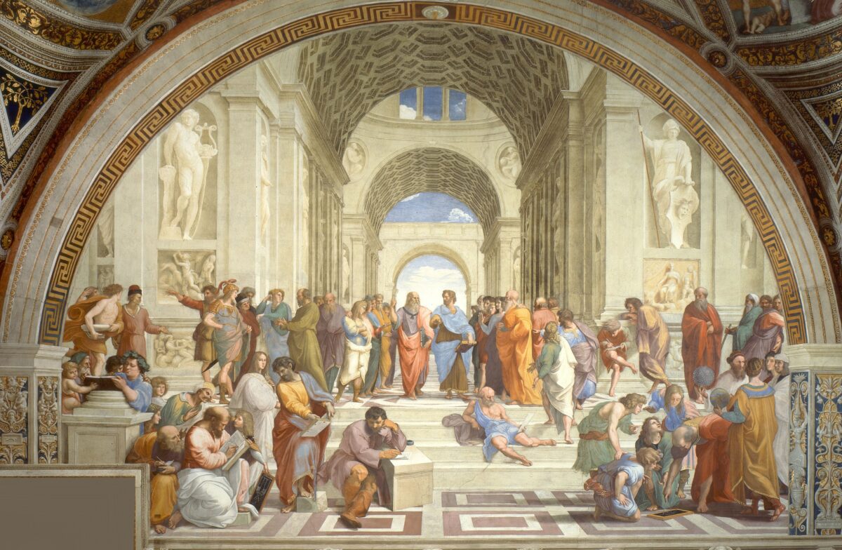 “The School of Athens,” 1509-1511 by Raphael. Fresco, 16.4 ft by 25.2 ft. Stanze di Raffaello (Raphael Rooms), Apostolic Palace, Vatican City. (Public Domain)