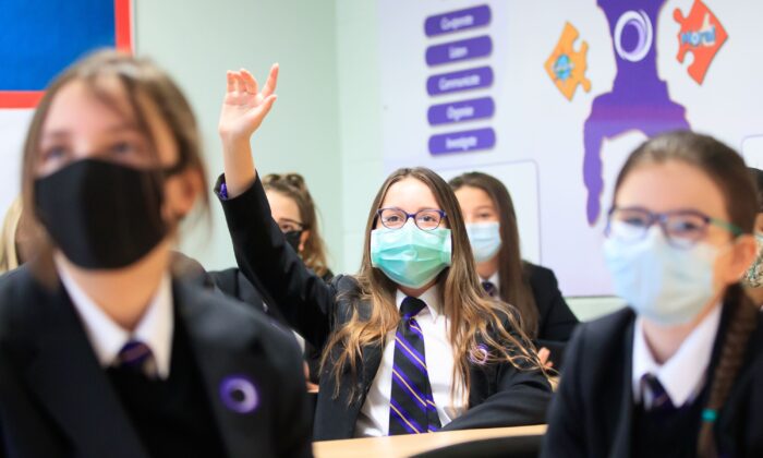 Students in a classroom of an England School, on March 8, 2021. (Danny Lawson/PA)