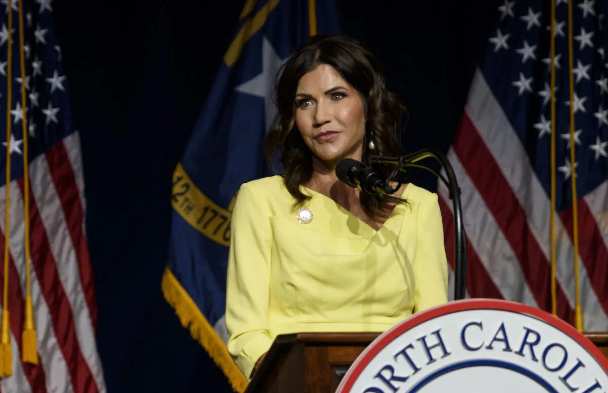 South Dakota Gov. Kristi Noem speaks to attendees at the NCGOP convention in Greenville, N.C., on June 5, 2021. (Melissa Sue Gerrits/Getty Images)
