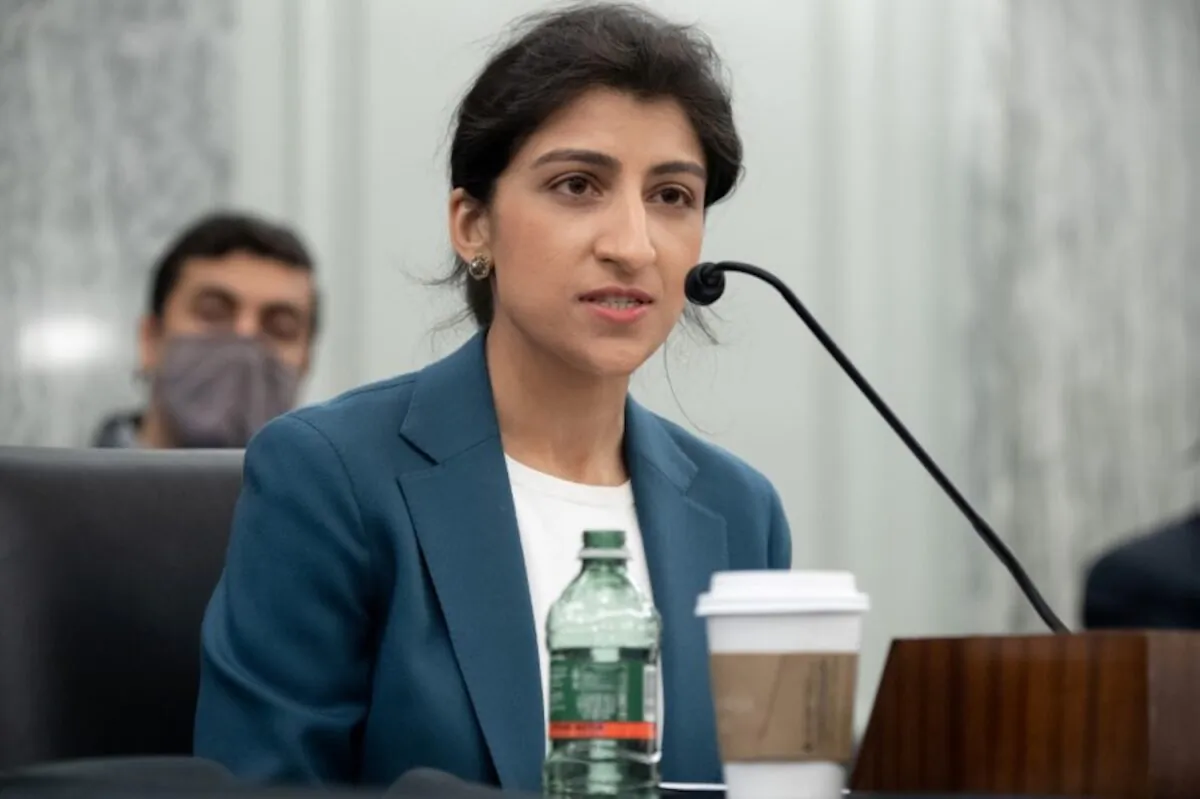 Lina Khan, then nominee for Chair of the Federal Trade Commission (FTC), speaks her confirmation hearing on Capitol Hill in Washington, on April 21, 2021. (Saul Loeb/Pool via Reuters)