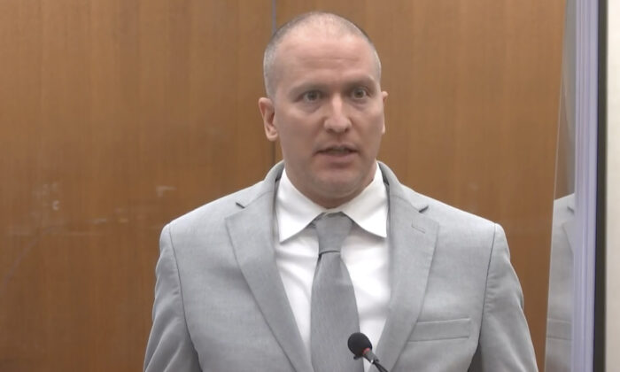 Former Minneapolis police Officer Derek Chauvin addresses the court as Hennepin County Judge Peter Cahill presides over Chauvin's sentencing. Chauvin faces decades in prison for the May 2020 death of George Floyd. At the Hennepin County Courthouse in Minneapolis, Minn., on June 25, 2021. (Court TV via AP, Pool)