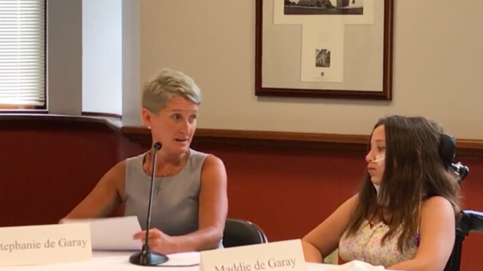 Screenshot of Stephanie de Garay and her daughter Maddie de Garay sharing how Maddie was injured from a COVID-19 vaccine at Sen. Ron Johnson's press event on June 28, 2021. (Rumble/Screenshot via The Epoch Times)