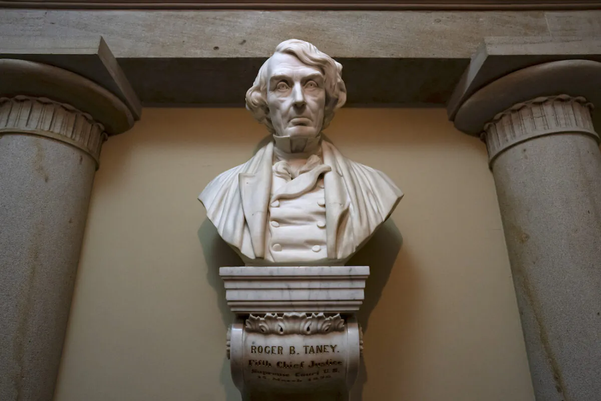A marble bust of Chief Justice Roger B. Taney is displayed in the Old Supreme Court Chamber in the U.S. Capitol in Washington, on March 9, 2020. (AP Photo/J. Scott Applewhite)