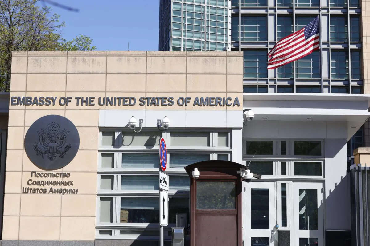The U.S. Embassy and the National flag are seen in Moscow, Russia, on May 11, 2021. (Alexander Zemlianichenko/AP Photo)