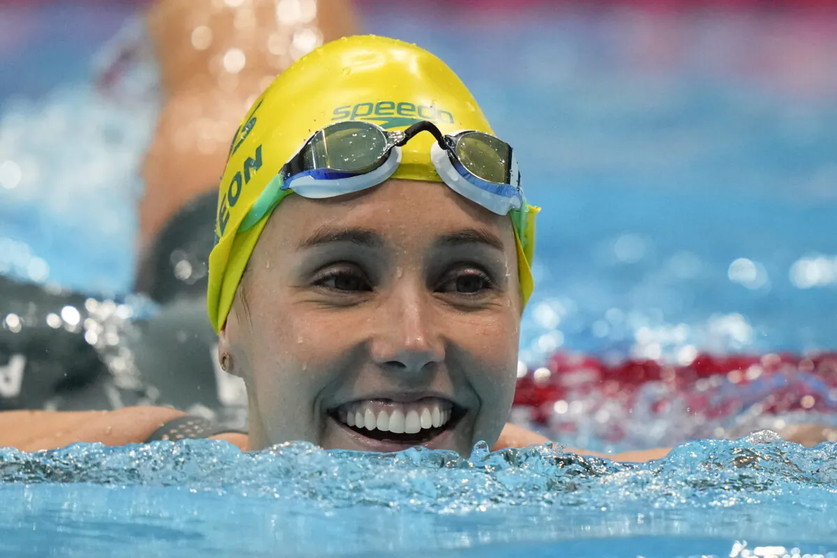 Emma Mckeon, of Australia, smiles after winning the gold medal in a women's 50-meter freestyle final at the 2020 Summer Olympics in Tokyo, Japan, on Aug. 1, 2021. (David Goldman/AP Photo)