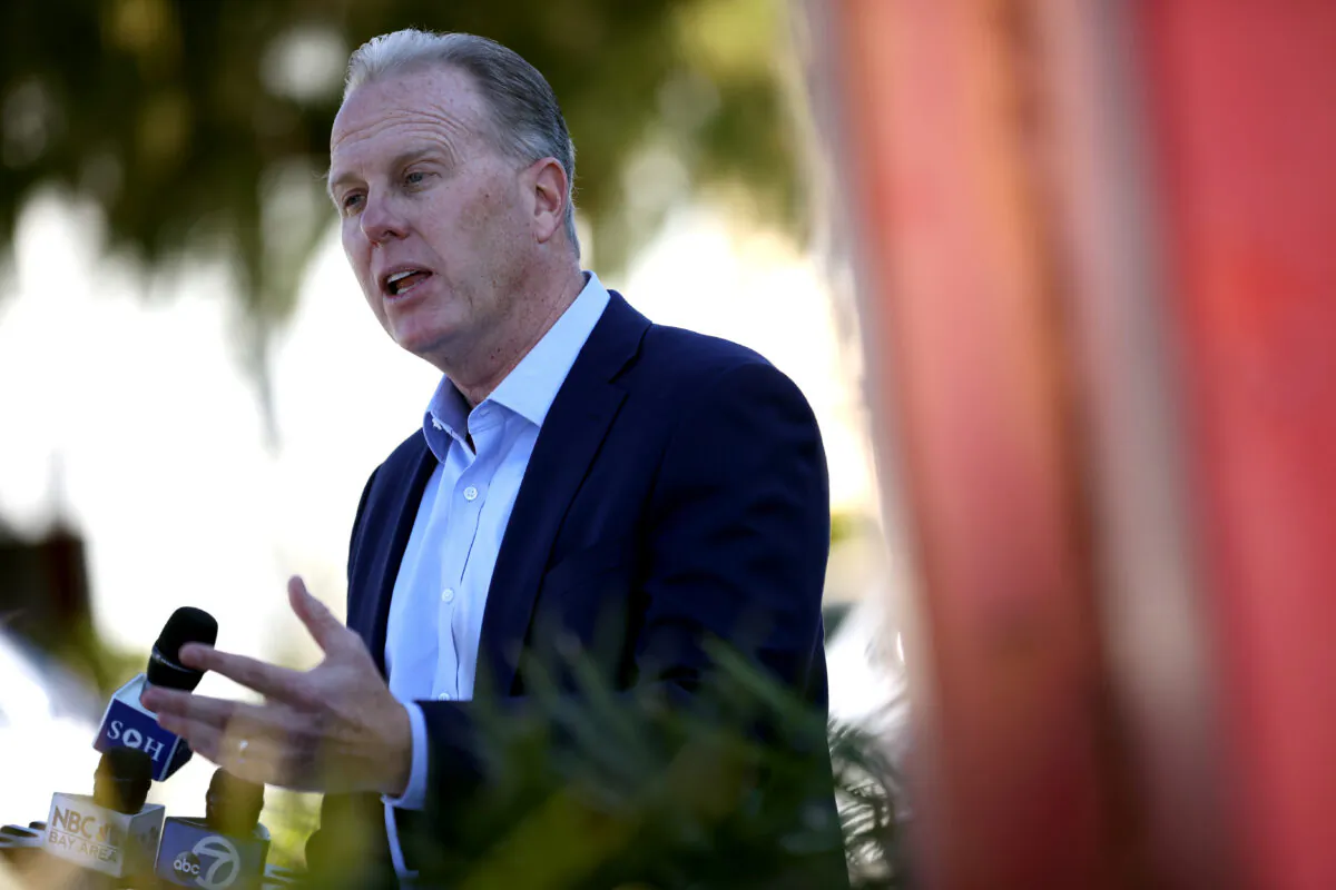 Kevin Faulconer, former San Diego mayor and Republican candidate for California Governor, speaks during a news conference in front of Abraham Lincoln High School in San Francisco on Feb. 17, 2021. (Justin Sullivan/Getty Images)