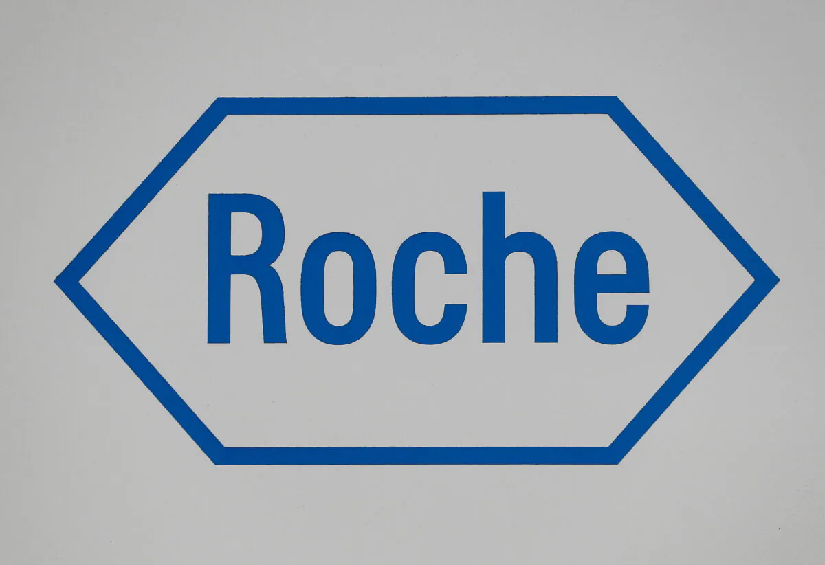 A sign at a diagnostics site for Swiss pharmaceutical giant Roche is seen in Burgess Hill, United Kingdom, on Oct. 7, 2020. (Peter Nicholls/Reuters)