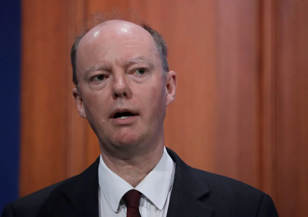 Chief Medical Officer for England Chris Whitty gives an update on the COVID-19 pandemic during a virtual press conference inside the Downing Street Briefing Room in central London on May 14, 2021. (Matt Dunham/POOL/AFP via Getty Images)