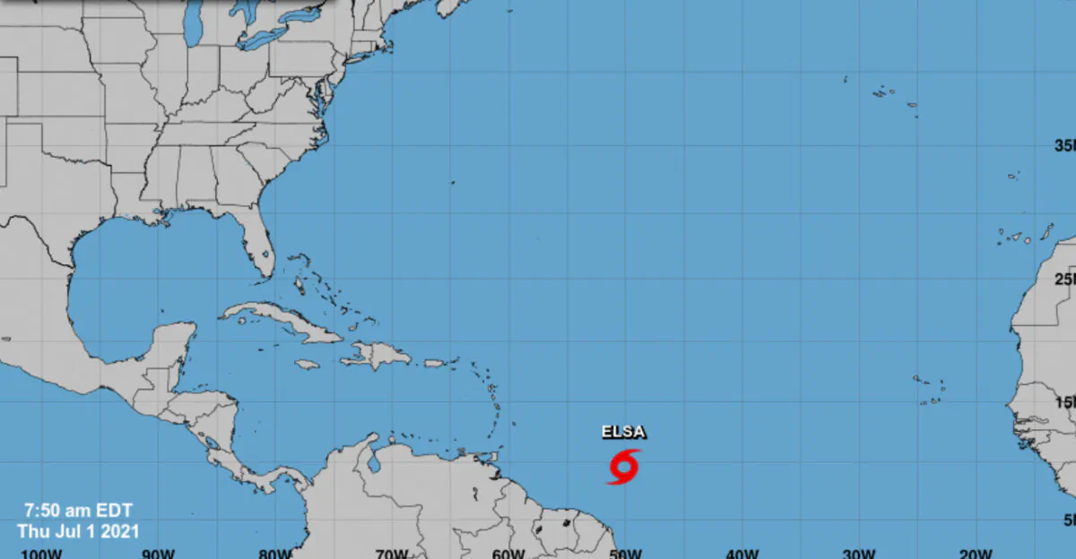 A screenshot of tropical storm Elsa which formed in the Atlantic, on July 1, 2021. (Courtesy of National Hurricane Center/Screenshot via The Epoch Times)