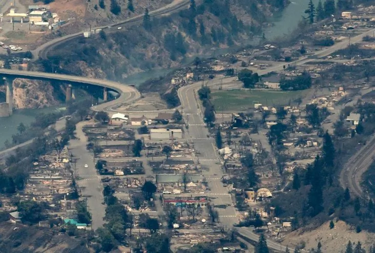Structures destroyed by wildfire are seen in Lytton, B.C., on July 1, 2021. (The Canadian Press/Darryl Dyck)