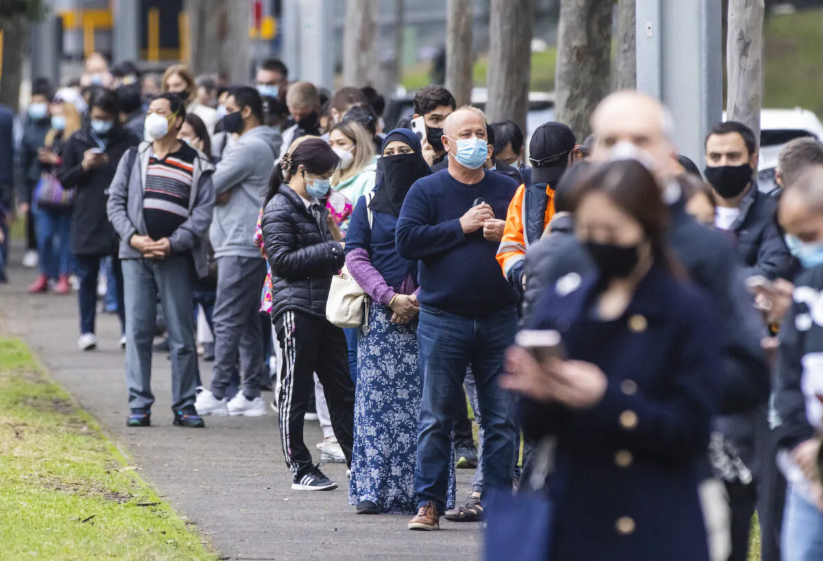 Long queues of people are seen at the NSW Vaccination Centre in Homebush in Sydney, Australia on July 1, 2021. (Jenny Evans/Getty Images)