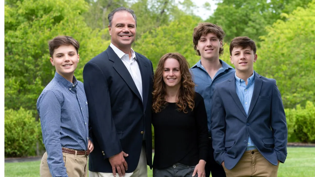 Jason Richey (2nd L) and his family. Richey, partner of Pittsburgh’s K&L Gates law firm, has entered the 2022 GOP Pennsylvania gubernatorial race. (Courtesy of Jason Richey)