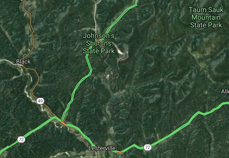 A screenshot from Google Maps shows Johnson's Shut-Ins State Park (Screenshot via GoogleMaps.com)