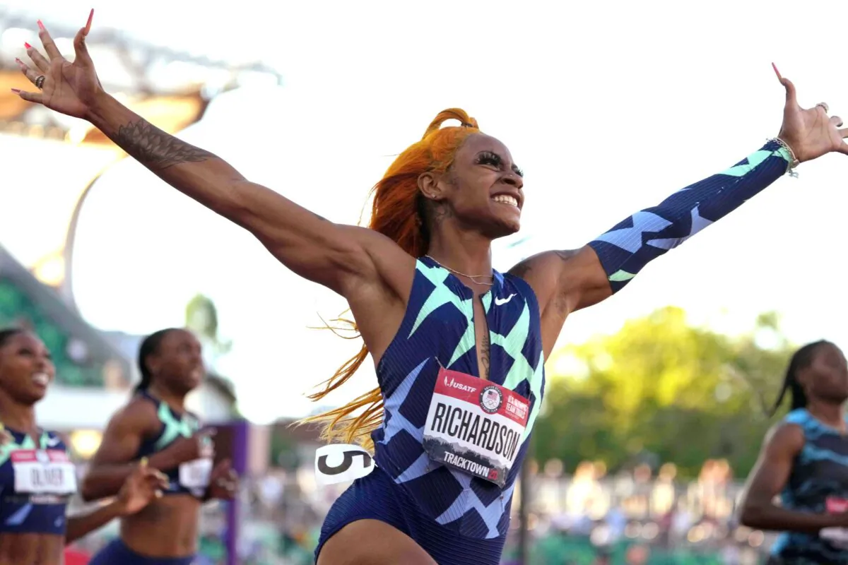 Sha'Carri Richardson celebrates after winning the women's 100m in 10.86 during the U.S. Olympic Team Trials at Hayward Field in Eugene, Ore., on Jun 19, 2021. (Kirby Lee/USA TODAY Sports via Reuters)