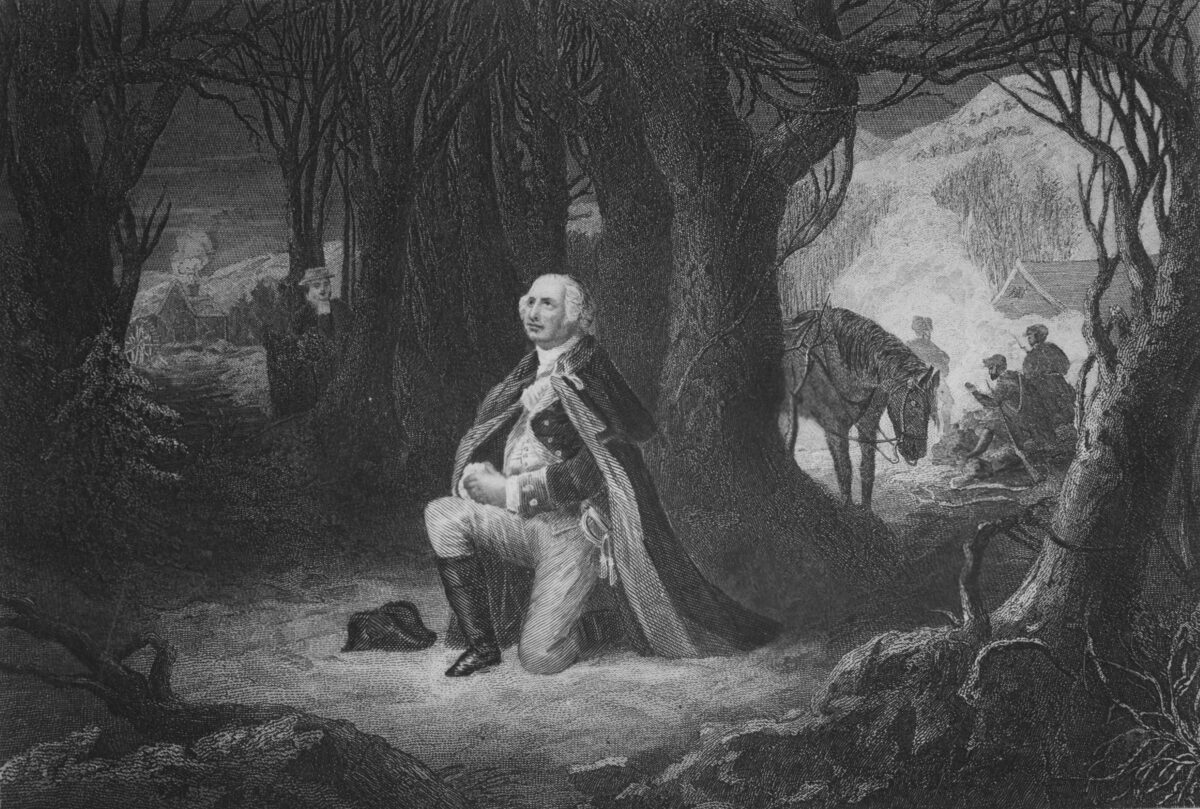 George Washington praying at Valley Forge. Engraving by John C. McRae, 1866, based on a painting by Henry Brueckner. (Public Domain via Wikimedia Commons)