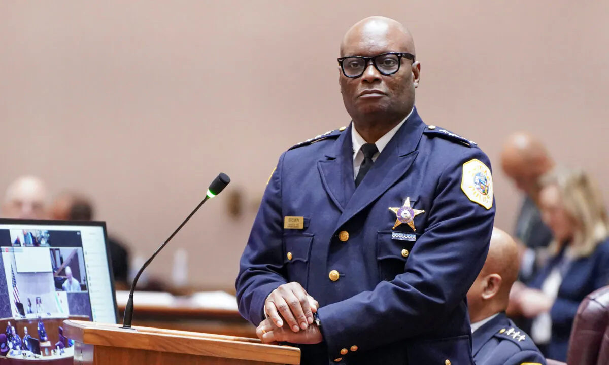 Chicago Police Superintendent David Brown listened to questions from aldermen at a special city council meeting addressing violent crime on July 2, 2021. (Cara Ding/Epoch Times)