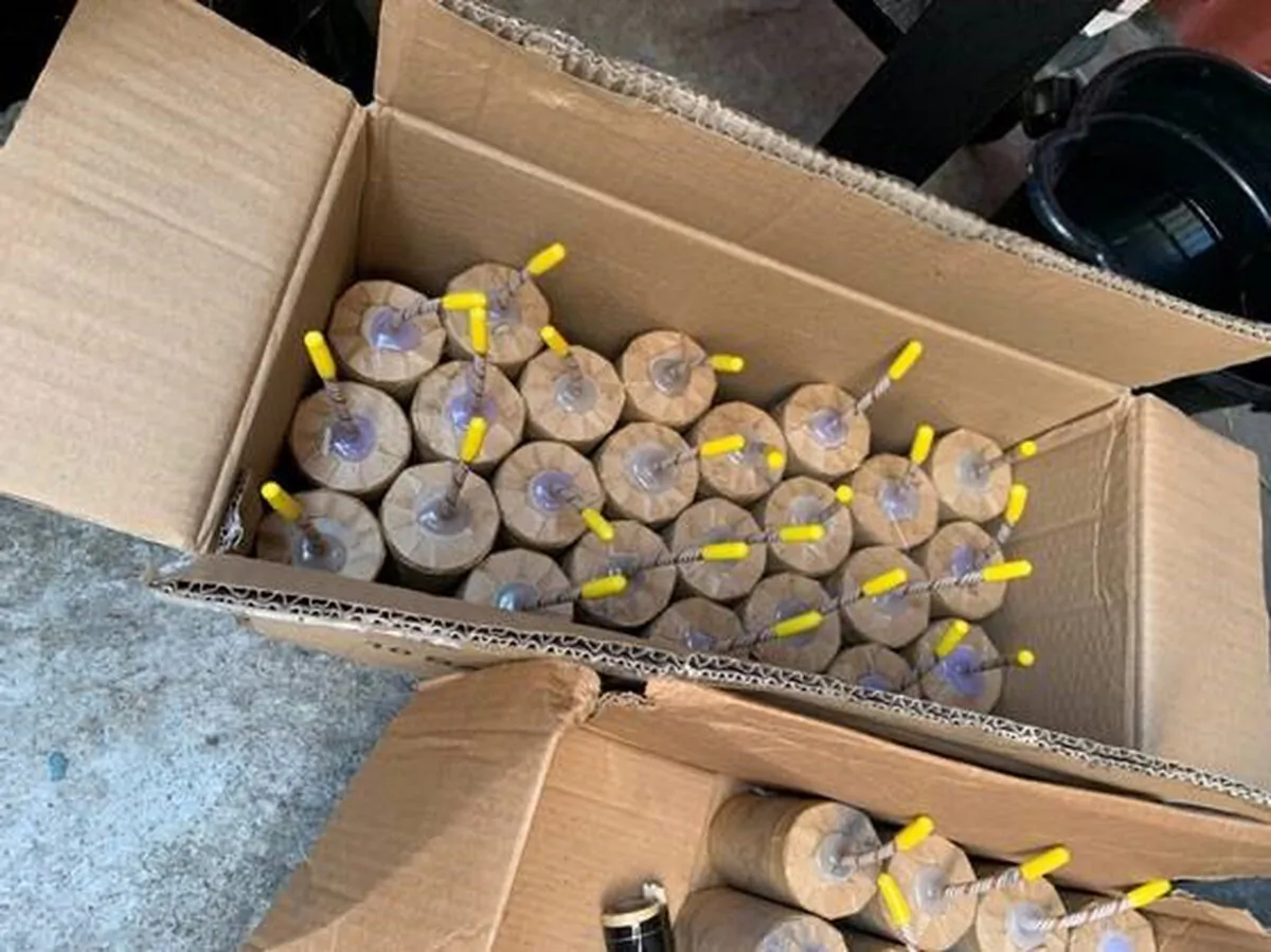 Boxes with illegal large homemade fireworks explosives in South Los Angeles, Calif., in July 2021. (ATF/United States Attorney's Office Central District of California via AP)