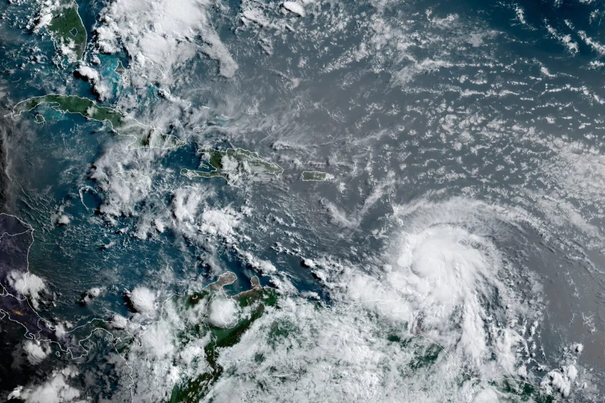 Satellite image shows Hurricane Elsa moving through the Caribbean, over Barbados at 12:00 p.m. (8 a.m. ET) on July 2, 2021. (NOAA/NESDIS/STAR GOES via AP)