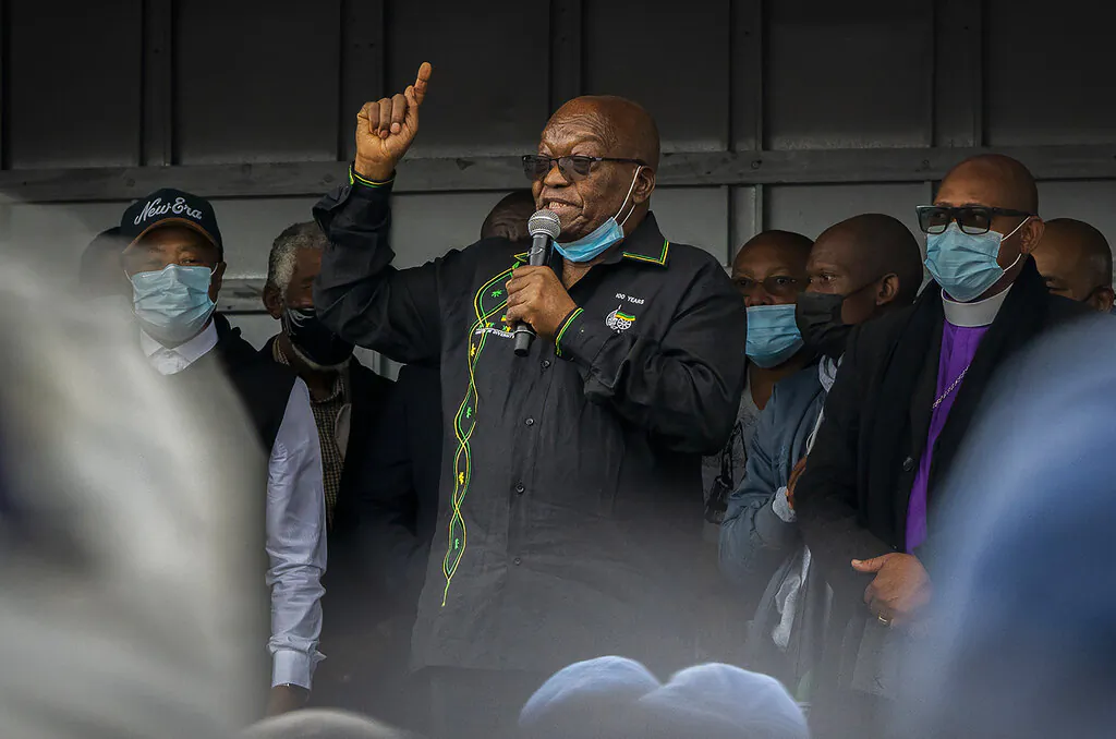 Former South African President Jacob Zuma addresses his supporters at his home in Nkandla, KwaZulu-Natal Natal Province, South Africa, on July 4, 2021. (Shiraaz Mohamed/AP Photo)