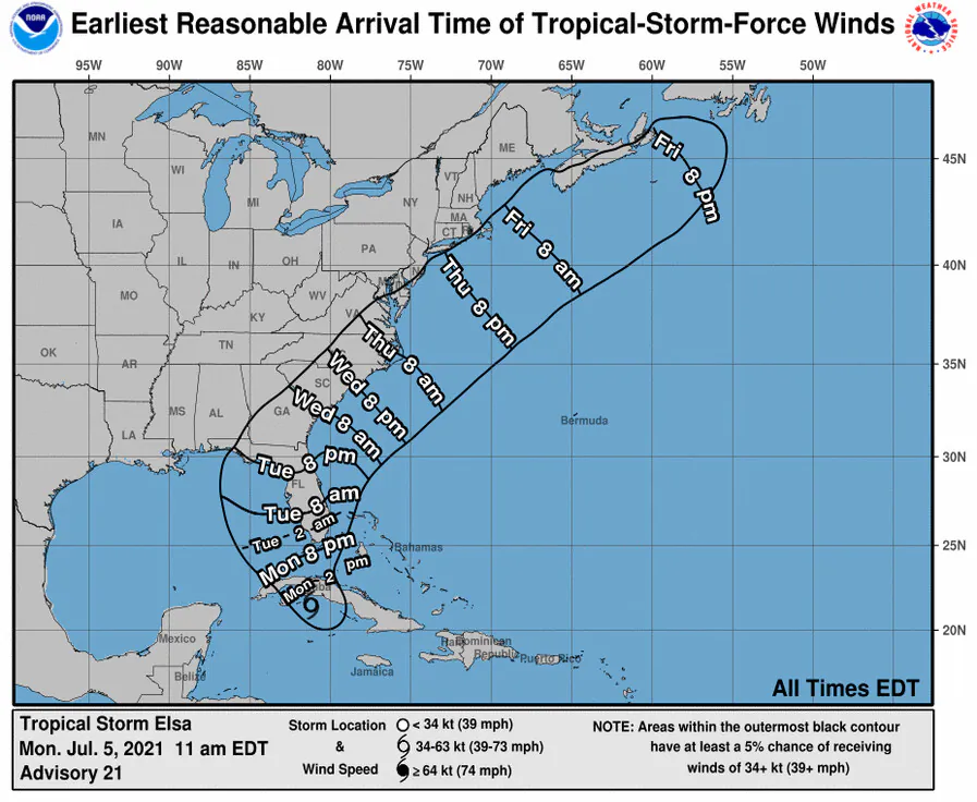 A map showing the earliest arrival time of Tropical-Storm-Force winds of Elsa, as of 11 a.m., ET on July 5, 2021. (National Hurricane Center)