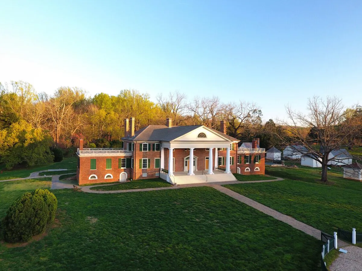 An aerial view of the main house at James Madison’s Montpelier, the family home of founding father, primary U.S. Constitution author, and fourth President of the United States. (Courtesy of Montplier Foundation)