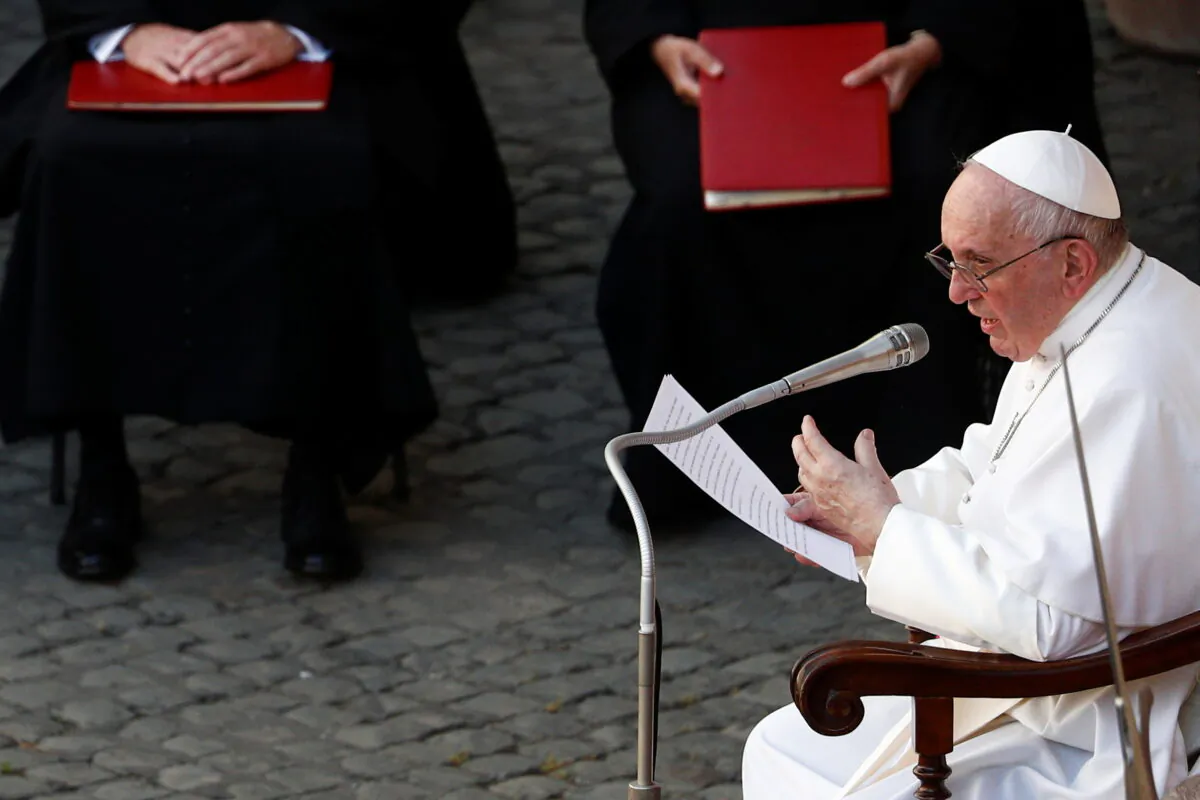 Pope Francis holds the weekly general audience at the San Damaso courtyard, at the Vatican on June 30, 2021. (Guglielmo Mangiapane/Reuters)