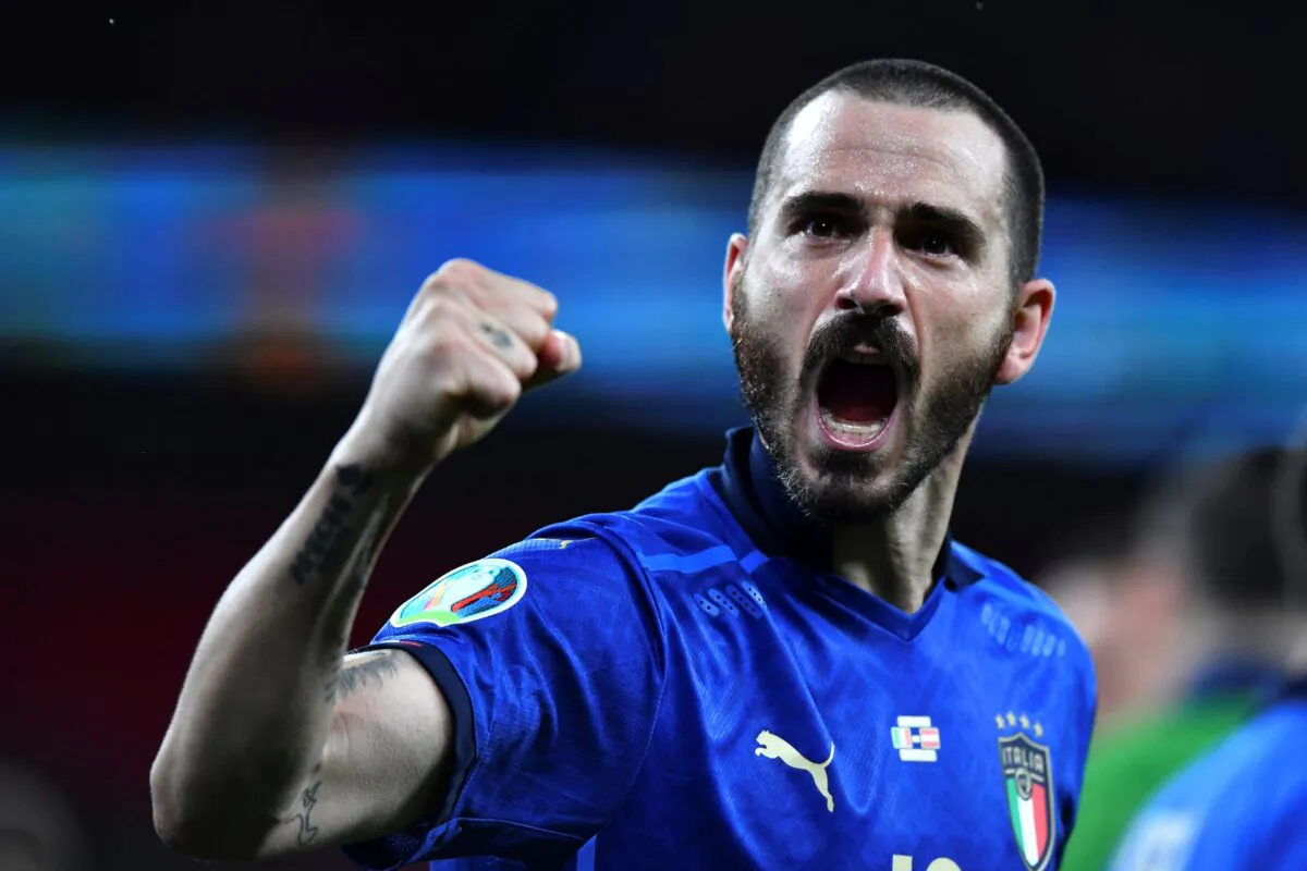 Italy's Leonardo Bonucci celebrates end of the Euro 2020 soccer championship round of 16 match between Italy and Austria at Wembley stadium in London, on June 26, 2021. (Ben Stansall/Pool Photo via AP)