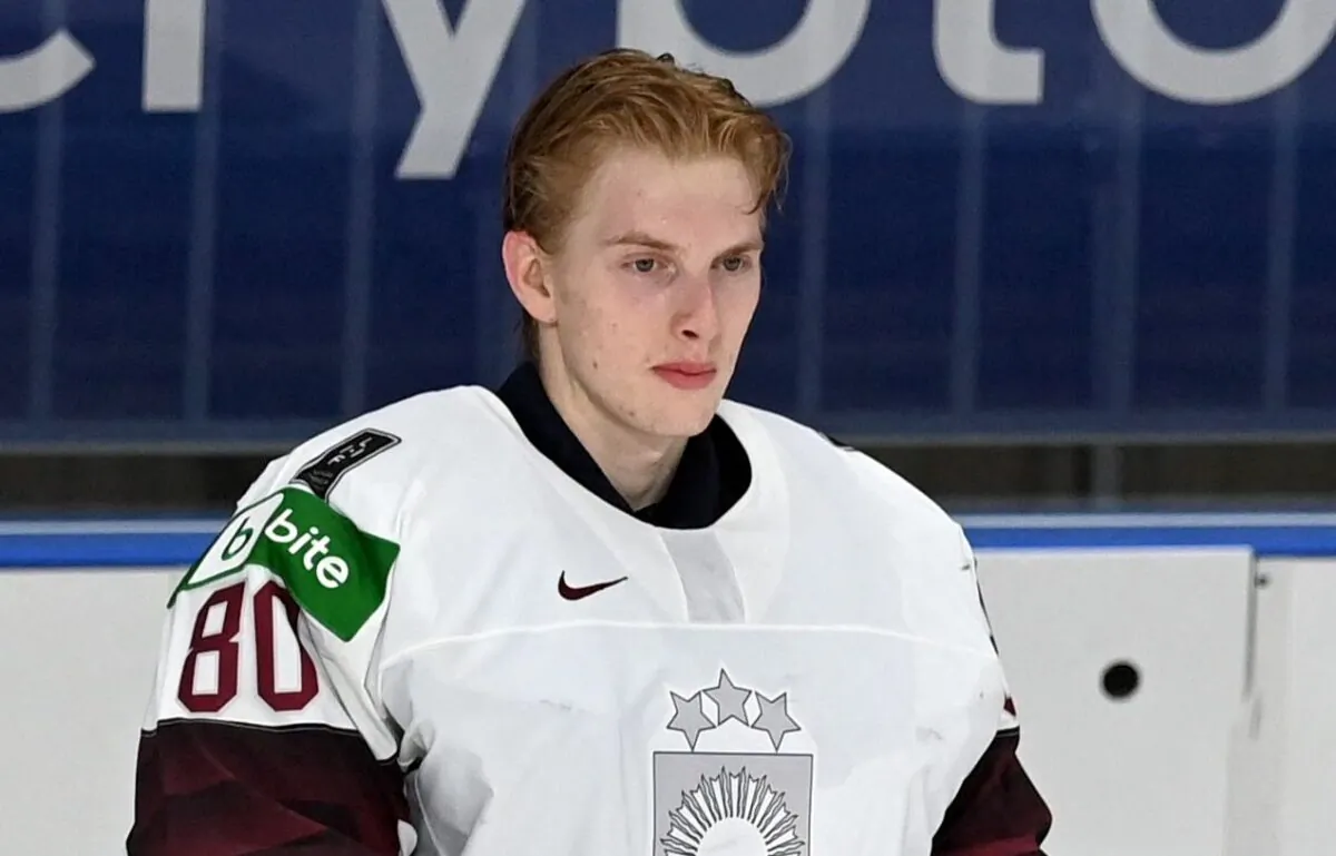 Latvia's goalkeeper Matiss Kivlenieks at the Arena Riga in Riga, Latvia, on May 21, 2021. (Gintsivuskans/AFP/ via Getty Images)