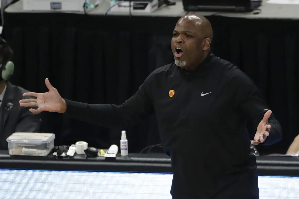 Atlanta Hawks' head coach Nate McMillan reacts to a call during the first half of Game 5 of the NBA Eastern Conference Finals in Milwaukee, Wis., on July 1, 2021. (Aaron Gash/AP Photo)