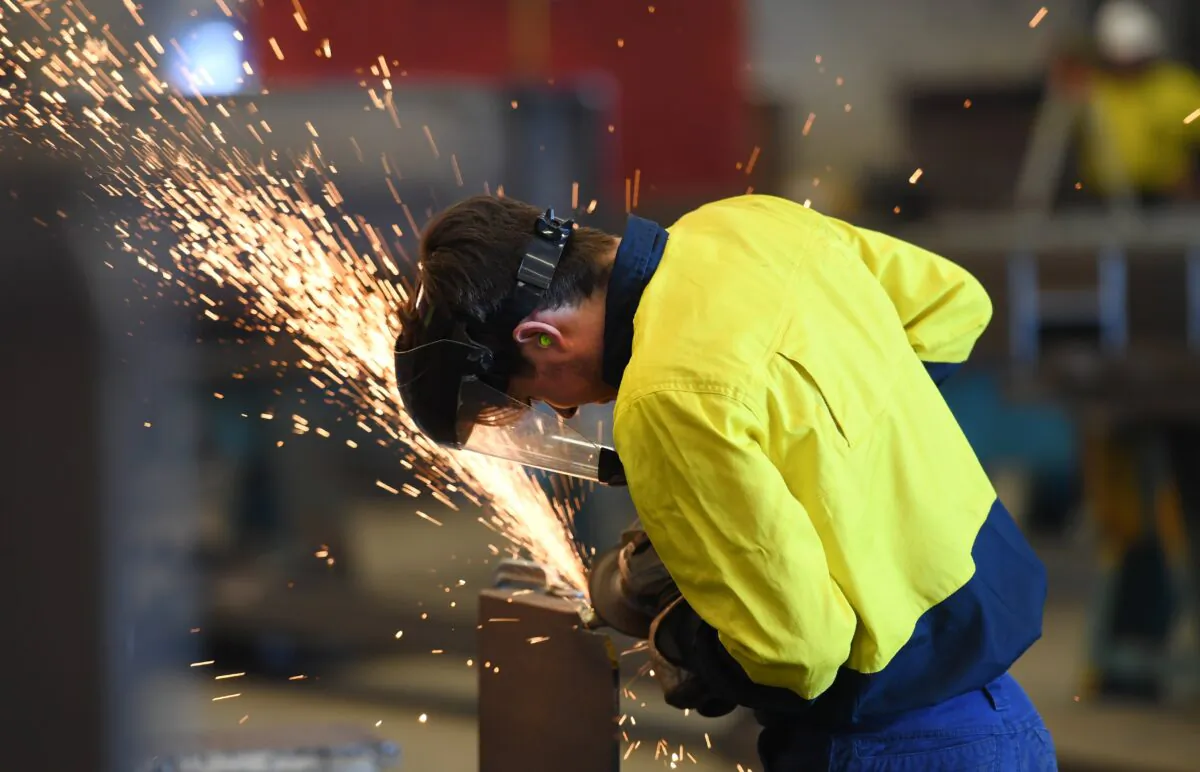 A worker is seen on the production floor at the Civmec Construction and Engineering facility in Perth, Australia, March 10, 2017. (AAP Image/Dan Peled)