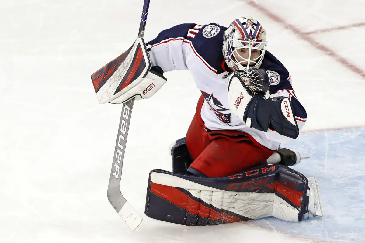 Columbus Blue Jackets goaltender Matiss Kivlenieks (80) during the NHL hockey game against the New York Rangers in New York, on Jan. 19, 2020. (Kathy Willens/AP Photo)