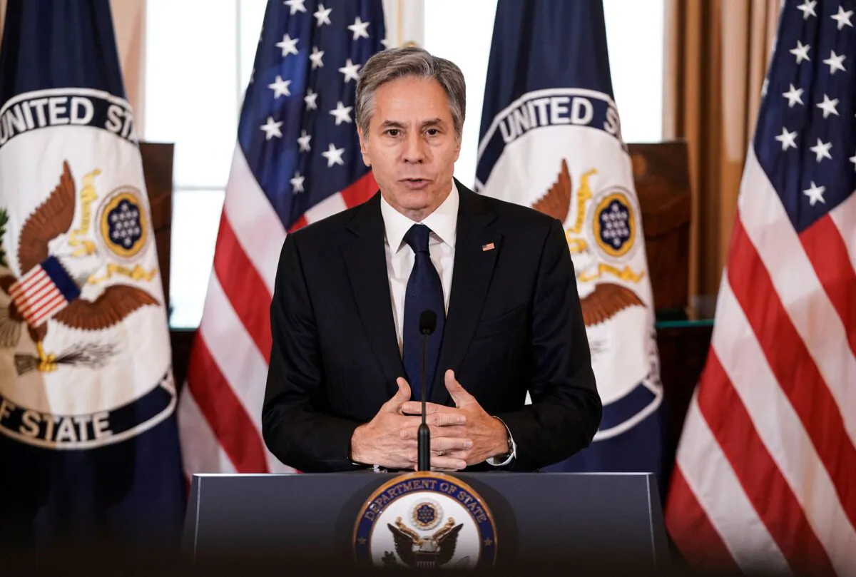 Secretary of State Antony Blinken delivers remarks on the release of the 2021 Trafficking in Persons (TIP) Report at the State Department in Washington, D.C., on July 1, 2021. (Ken Cedeno/POOL/AFP via Getty Images)