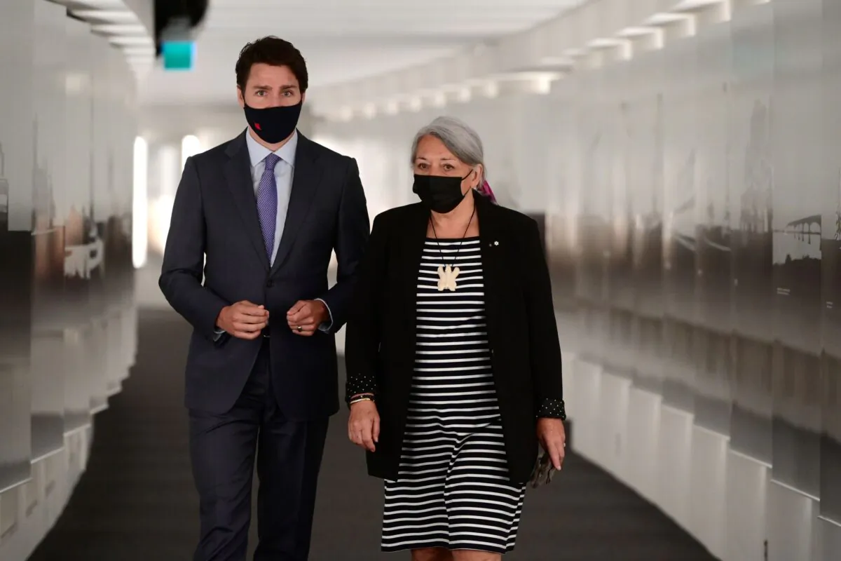 Prime Minister Justin Trudeau and Mary Simon arrive for an announcement at the Canadian Museum of History in Gatineau, Que., on July 6, 2021. Simon, an Inuk leader and former Canadian diplomat, has been named as Canada's next governor general — the first Indigenous person to serve in the role. (The Canadian Press/Sean Kilpatrick)