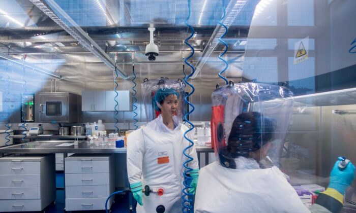 Chinese virologist Shi Zhengli (L) is seen inside the P4 laboratory in Wuhan, Hubei Province, China, on Feb. 23, 2017. (Johannes Eisele/AFP via Getty Images)