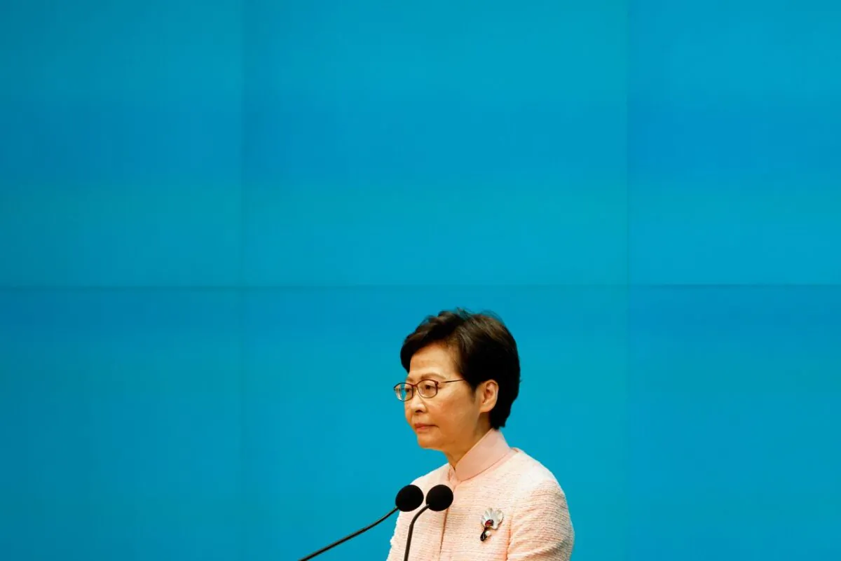 Hong Kong Chief Executive Carrie Lam attends a news conference to announce the replacement of the Police Chief and Security Secretary, in Hong Kong on June 25, 2021. (Reuters/Tyrone Siu)