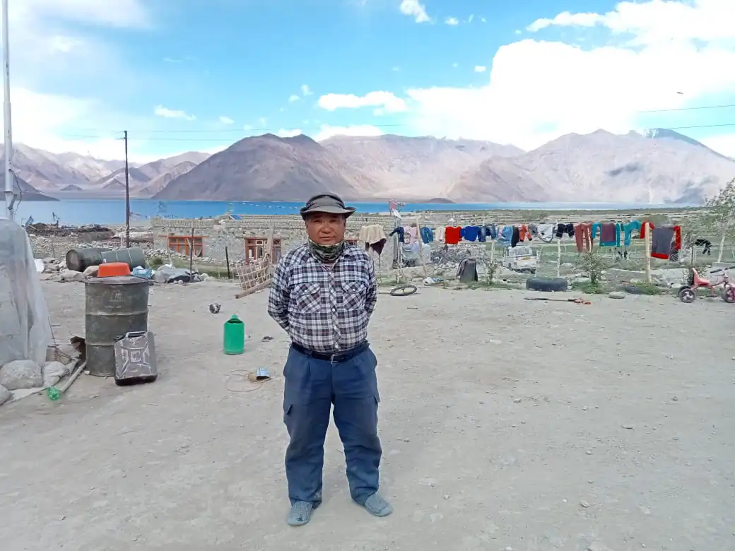 Dorjee Dadul, 54, a resident of village Maan on the bank of the Pangong Tso lake, on the de-facto border between India and China on June 22, 2021. Dadul said his village doesn't have regular electric power, water supply, or telecom connectivity. (Venus Upadhayaya/Epoch Times)