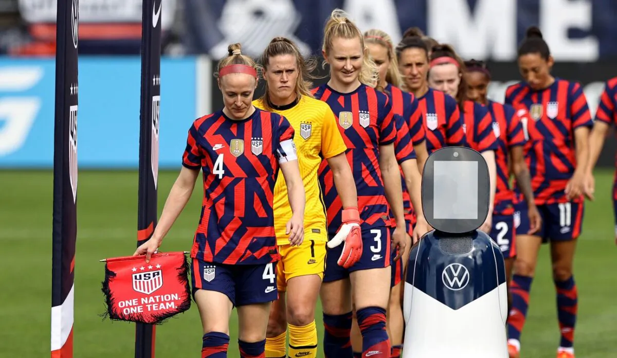 The U.S. women's soccer team ahead of a match with Mexico at Pratt & Whitney Stadium at Rentschler Field  in East Hartford, Conn., on July 05, 2021. (Elsa/Getty Images)