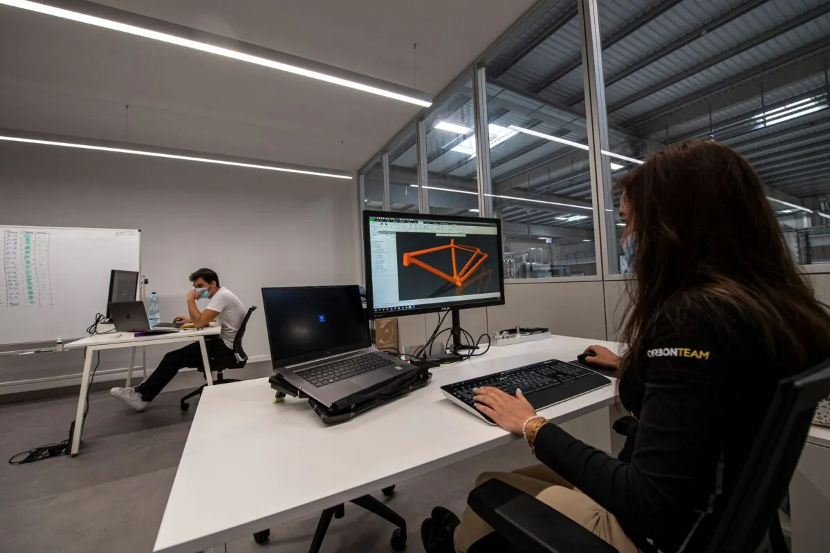 A designer use software to design the carbon fibre bike frame at Carbon Team factory in Vouzela, Portugal on July 2, 2021. (Octavio Passos/Getty Images)
